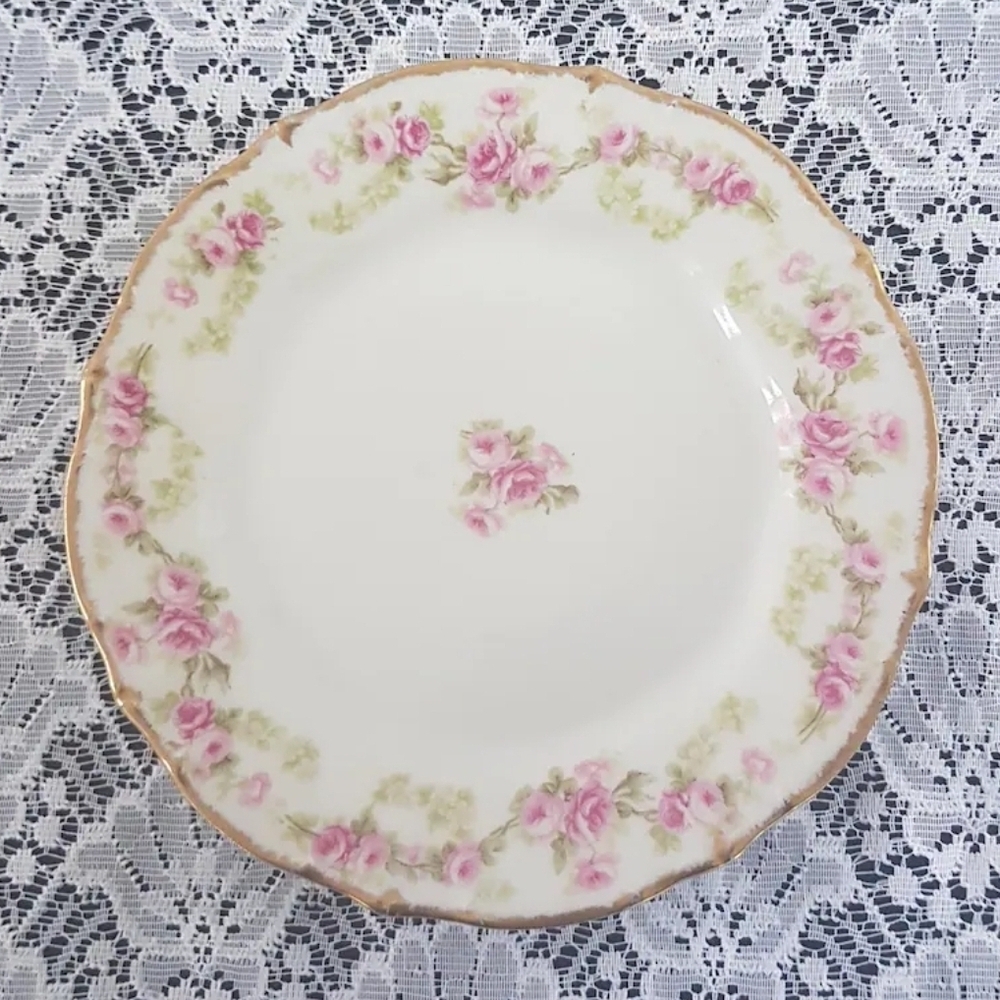 4pc Elite Works Limoges Dessert or Side Plate Set, Big Pink Roses White Flowers